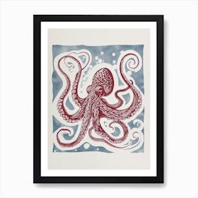 Linocut Inspired Navy Red Octopus With Coral 1 Art Print