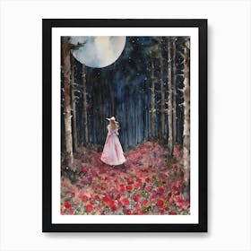 Lost in Rose Woods ~ Fairytale Art Print Witchy Wonderland Princess Maiden in Roses Enchanted Mysterious Forest, Pagan Wheel of the Year, Full Moon Watercolor Fairy Tale Painting of Woman Goddess in Pink Dress Gazing at Lunar Full Moon Art Print