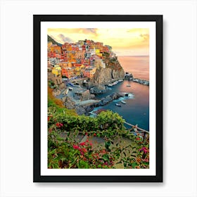 Lluminated Manarola Town By Sea Against Sky During Sunset Art Print