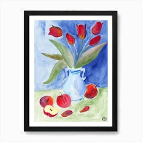 Tulips And Apples - Anton Maliar watercolor blue red green floral flowers hand painted vertical living room kitchen Art Print