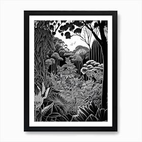 Royal Botanic Gardens, Melbourne, 1, Australia Linocut Black And White Vintage Art Print