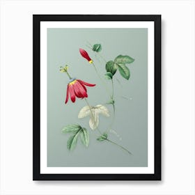 Vintage Red Passion Flower Botanical Art on Mint Green n.0594 Art Print