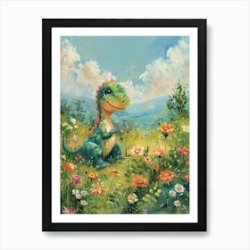 Cute Dinosaur In A Meadow Storybook Painting 1 Art Print