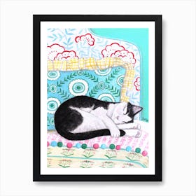 Sleeping Black White Cat Art Print