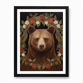 Brown Bear Portrait With Rustic Flowers 3 Art Print