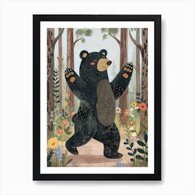 American Black Bear Dancing In The Woods Storybook Illustration 1 Art Print