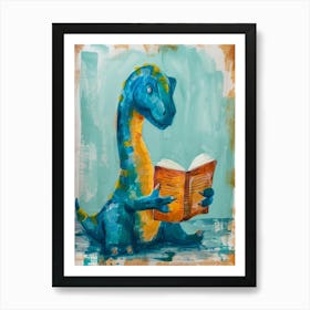 Dinosaur Reading A Book Blue Brushstrokes Poster