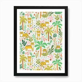 Happy Orange Tigers in the Palm Tree Jungle on White Art Print