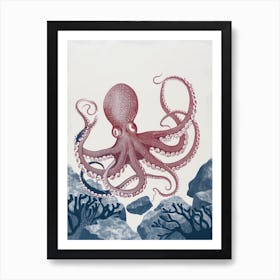 Red Octopus Linocut On The Ocean Floor Linocut Inspired 2 Art Print