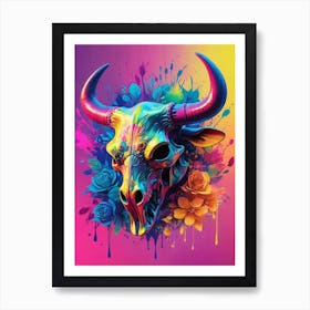 Floral Bull Skull Neon Iridescent Painting (14) Art Print
