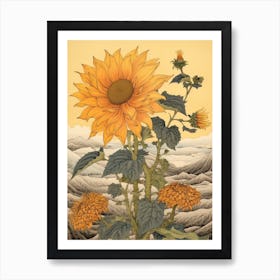 Himawari Sunflower 2 Japanese Botanical Illustration Art Print