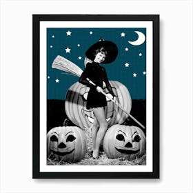 Pin Up Witch With Broom And Pumpkins On Halloween Night Art Print