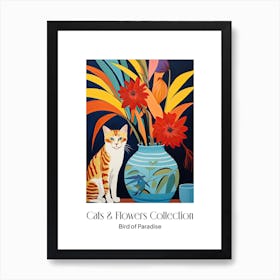 Cats & Flowers Collection Bird Of Paradise Flower Vase And A Cat, A Painting In The Style Of Matisse 0 Art Print