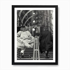 Couple Running Up Steps In Big Coats Black And White Art Print