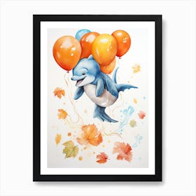 Dolphin Flying With Autumn Fall Pumpkins And Balloons Watercolour Nursery 4 Art Print