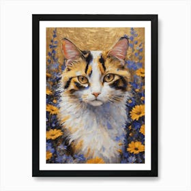 Klimt Style Calico Cat in Colorful Garden Flowers Meadow Gold Leaf Painting - Gustav Klimt and Monet Inspired Textured Acrylic Palette Knife Art Daisies Poppies Amongst Wildflowers Beautiful HD High Resolution Art Print