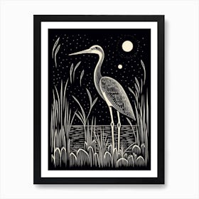 B&W Bird Linocut Stork 2 Art Print