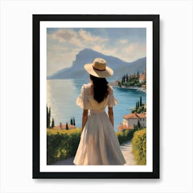 Woman at Lake Garda Painting in Beautiful Dress and Straw Hat 1 Art Print