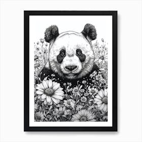 Giant Panda Cub Ink Illustration A Field Of Flowers Ink Illustration 4 Art Print