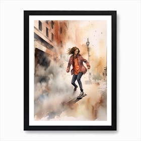 Girl Skateboarding In Malmö, Sweden Watercolour 3 Art Print