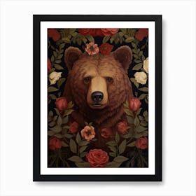 Brown Bear Portrait With Rustic Flowers 1 Art Print