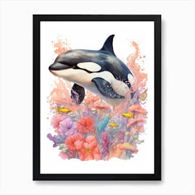 Orca Whale And Flowers 2 Art Print