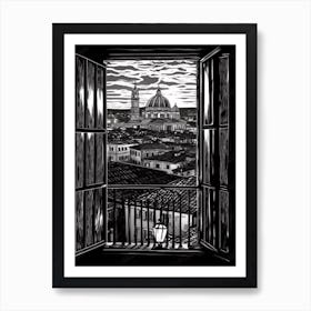 A Window View Of Rome In The Style Of Black And White  Line Art 3 Art Print