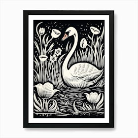 B&W Bird Linocut Swan 5 Art Print