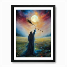 Hail the Lunar Goddess! Full Color - Witchy Art Work by John Arwen Full Moon Pagan Witch Broomstick Hecate Hekate Diana Summer Fields Colorful Aesthetic Women Healing Empowerment Spellcasting Wicca Wheel of the Year Witches Feature Wall HD Art Print