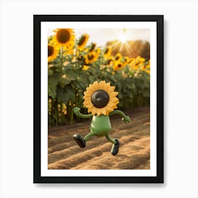 Sunflower Man Running In The Field Art Print