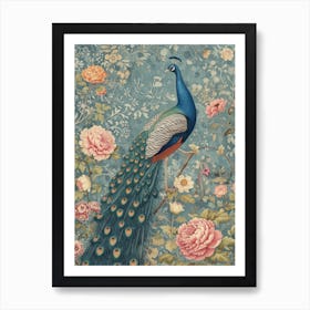 Chalk Blue Vintage Peacock Wallpaper 2 Art Print
