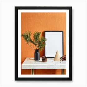 Autumnal Still Life Featuring A Cone A Framed Cotton Acorn And Pine Leaves On A Minimalistic Table (7) Art Print