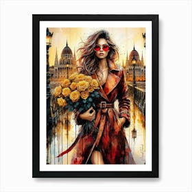 Budapest Sunset With Yellow Roses Art Print