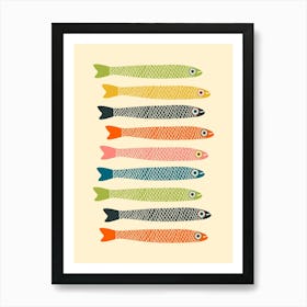 ANCHOVIES Retro Swimming Fish Horizontal in Vintage Colours Orange Green Blue Pink Yellow Charcoal on Cream Art Print