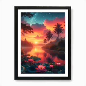 Beautiful Lotus Lake Landscape 1 Art Print