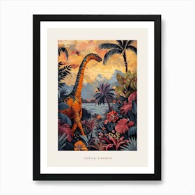 Dinosaur In Tropical Leaves Warm Tones Painting Poster Art Print