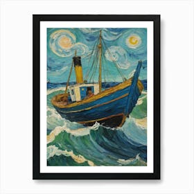 Painting Of Boat In Rough Ocean With Full Moon Art Print