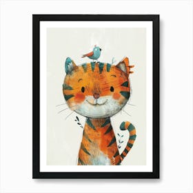 Small Joyful Tiger With A Bird On Its Head 2 Art Print