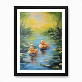 Ducklings Swimming In The River Impressionism 5 Art Print