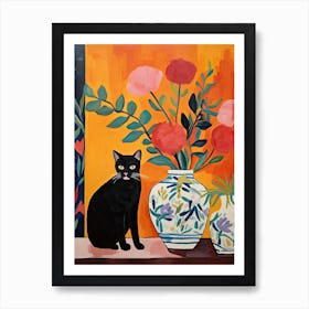 Sweet Pea Flower Vase And A Cat, A Painting In The Style Of Matisse 2 Art Print