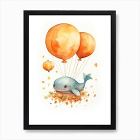 Whale Flying With Autumn Fall Pumpkins And Balloons Watercolour Nursery 4 Art Print