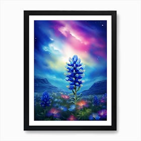 Blue Bonnet Wild Flower With Nothern Lights (4) Art Print