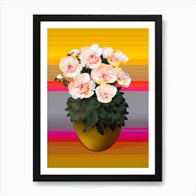 White Peony Flowers In The Old Pot On A Striped Background Art Print