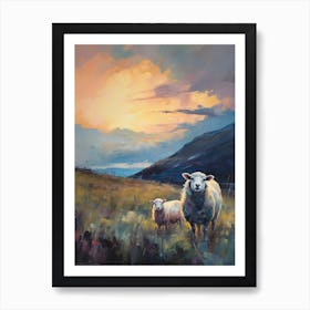 Sheep & Lamb At Sunset Impressionism Painting Style 2 Art Print