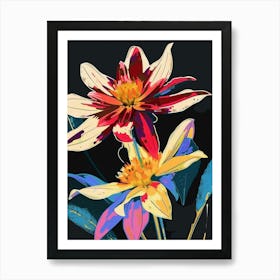 Neon Flowers On Black Dahlia 2 Art Print