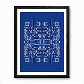 Flowers Pattern Line Art Blue Background 1 Art Print