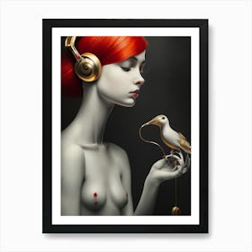 Woman With Headphones And A Bird 3 Art Print