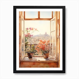 Window View Of  Athens Greece In Autumn Fall, Watercolour 4 Art Print