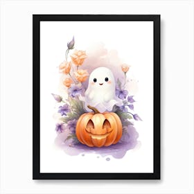 Cute Ghost With Pumpkins Halloween Watercolour 133 Art Print