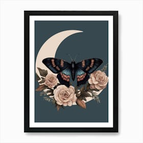 Butterfly And Roses on a Crescent Moon Art Print